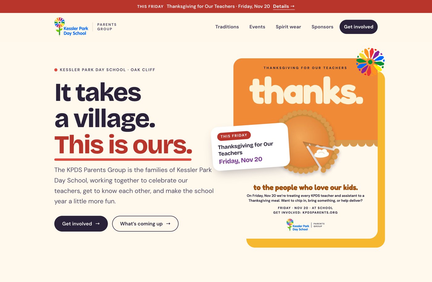 KPDS Parents Group homepage, with the Thanksgiving flyer in the hero and the week’s event in the announcement bar