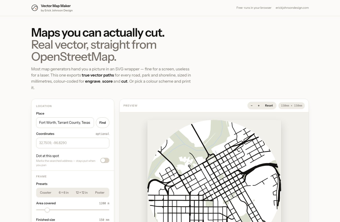 Vector Map Maker generating a cuttable vector map of Fort Worth